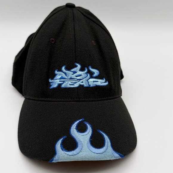 Vintage No Fear Flame Logo Black Blue Fitted Hat L/XL Y2K Streetwear - Picture 2 of 15